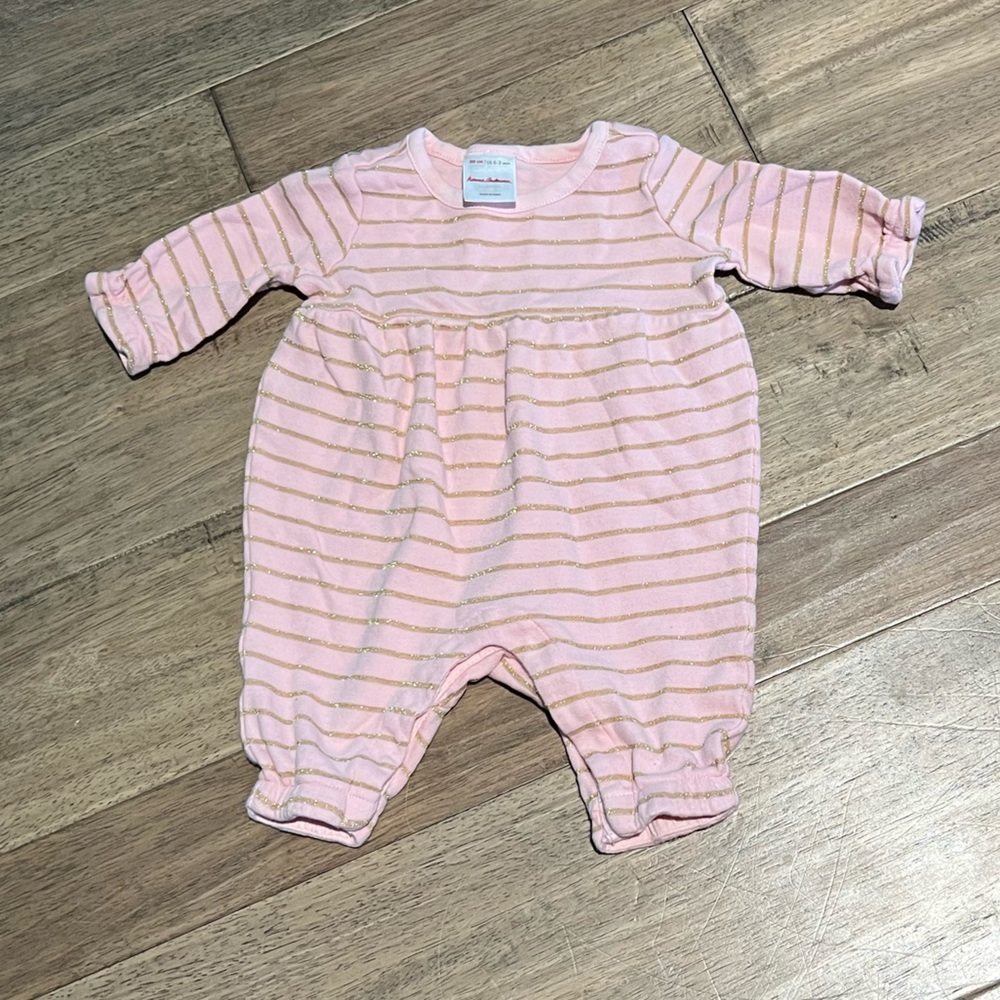 Baby Hanna Andersson romper one piece pink and gold stripe outfit